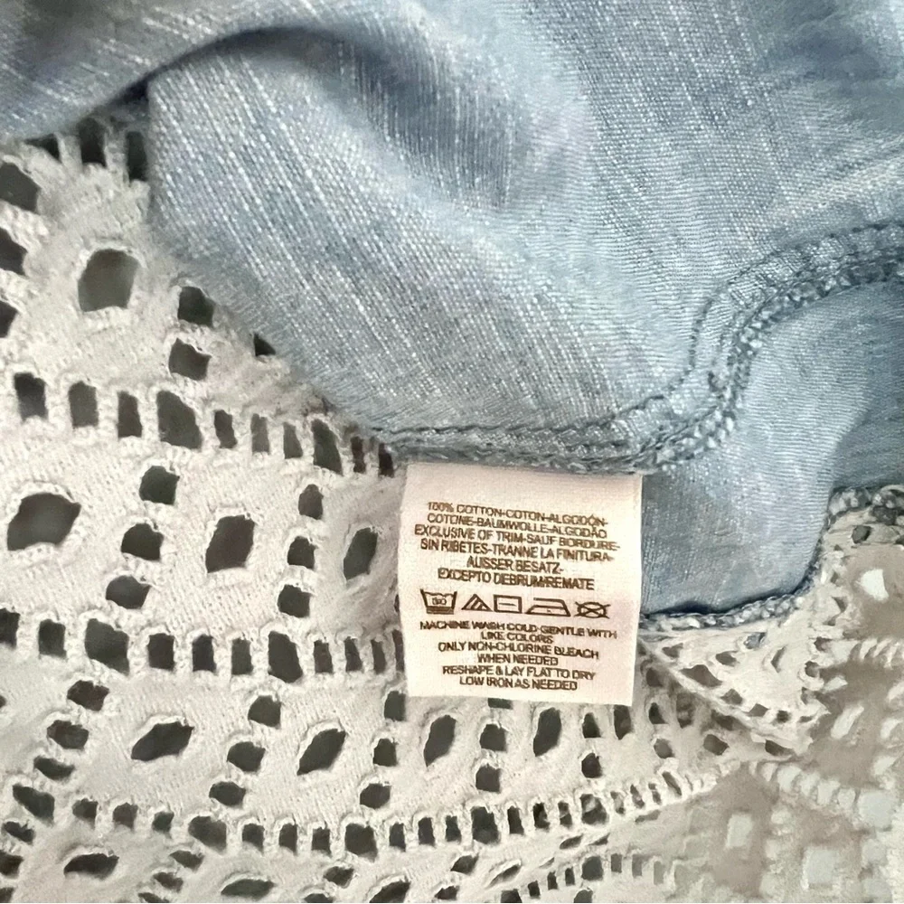 Free People Chambray Crochet Lace Back Button Down Shirt | Boho Blue | Size S